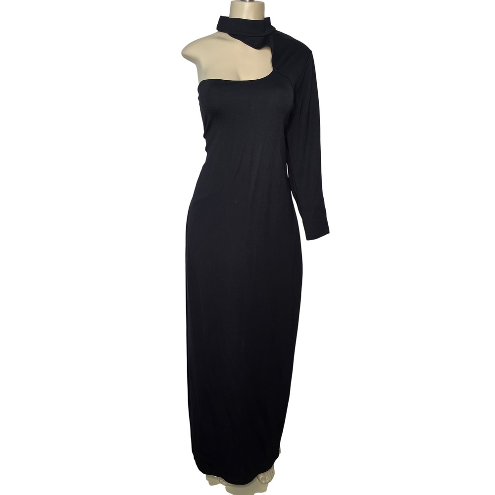 Express Maxi Dress Womens XL Black One Shoulder Cutout Mock Neck Gown Asymmetric